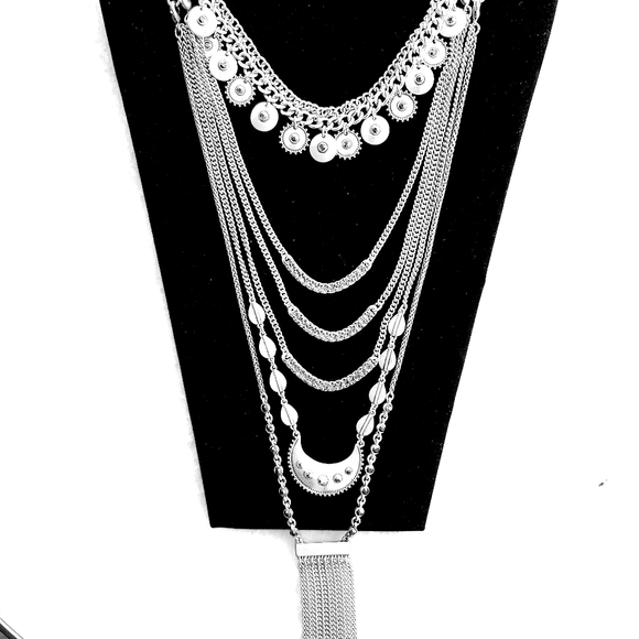 LUCKY BRAND SILVER TONE SEMIPRECIOUS ACCENTS MULTI CHAIN LAYERED NECKLACE - Picture 1 of 5